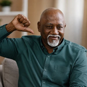 man using hand gesture to communicate