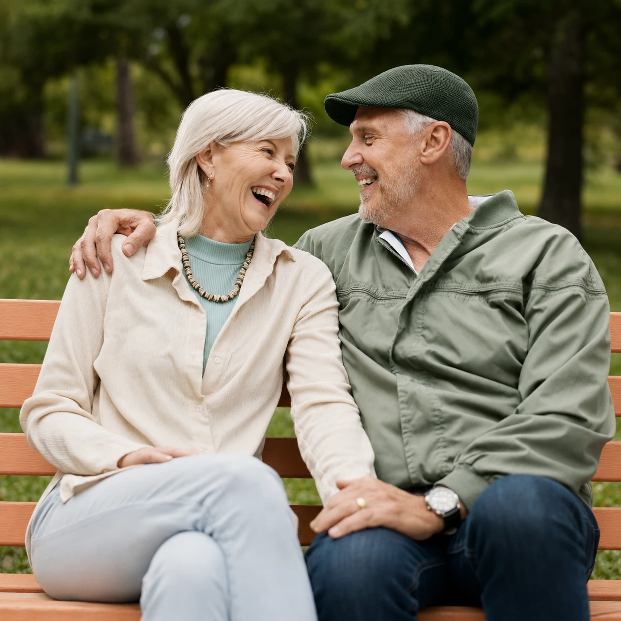 An older couple sits on a park bench, smiling and looking at each other with warmth and understanding. The woman has gray hair and wears a light shirt; the man, who offers gentle aphasia support, wears a green jacket and cap. Trees and grass are visible in the background, creating a peaceful setting as they enjoy their time together.