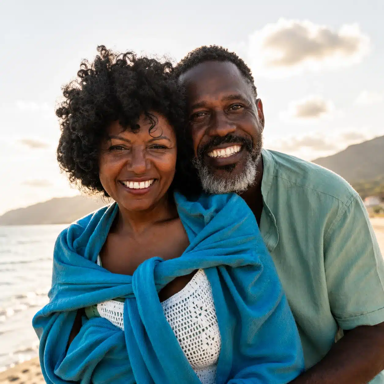Smiling couple embracing on a beach at sunset; the woman, who is living with aphasia, is wrapped in a blue blanket and the man stands behind her, both looking happy with the ocean and mountains in the background.