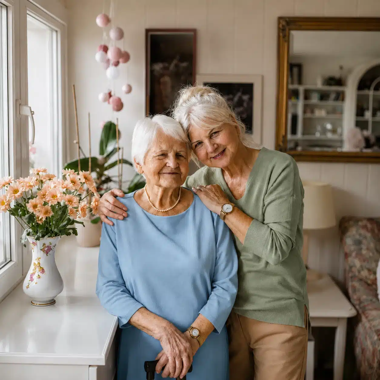 Two older women stand together in a cozy living room. One woman in blue smiles while the other, in green, hugs her from the side. A vase of flowers and framed pictures decorate the bright, comfortable space.
